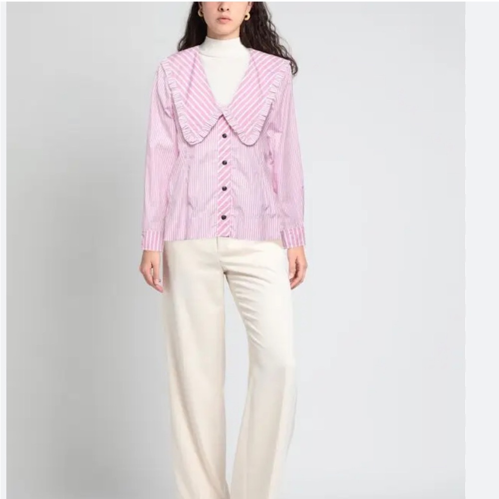 GANNI cotton white pink striped button down top blouse, size US 6 - Picture 3 of 11